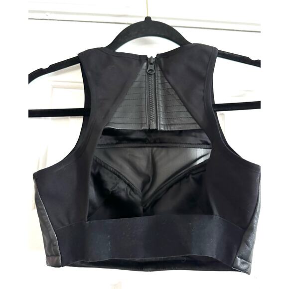 BLANC NOIR Black Leather Sheer Mesh Halter Crop Cropped Top Bra Cut-Out Back XS - Picture 3 of 7
